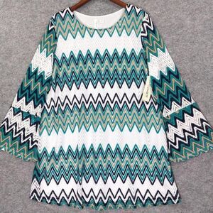 Tacera Dress Womens 2X White Teal Chevron Boho Flare Sleeve Lined Retro Style